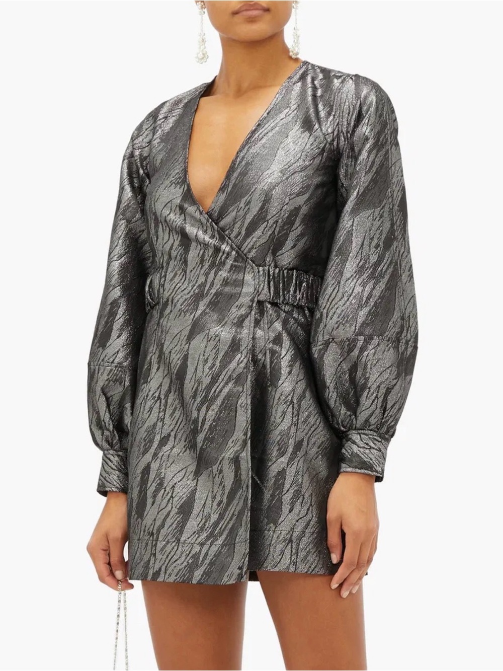 GANNI Balloon-Sleeve Metallic-Jacquard Wrap Dress Size:32